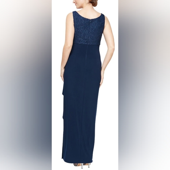 Alex Evenings Long Empire Waist Dress Scoop Neck Bodice Navy Blue Size 12P NWT - Picture 3 of 10